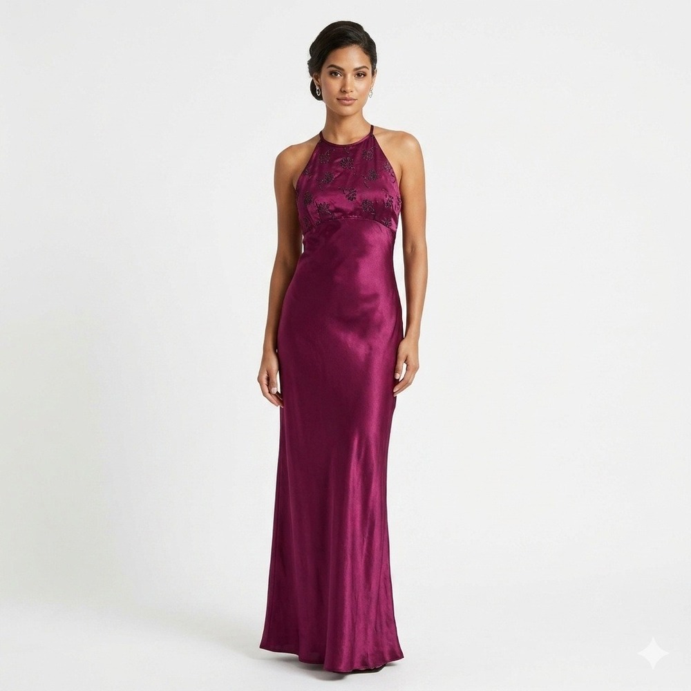 Zum Zum‎ Vintage Magenta Satin Beaded Halter Maxi Dress Lace Up Back Prom Formal